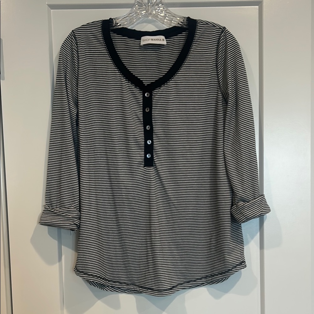 Shop Wanna B Navy and White Striped Henley Top. Size Large.